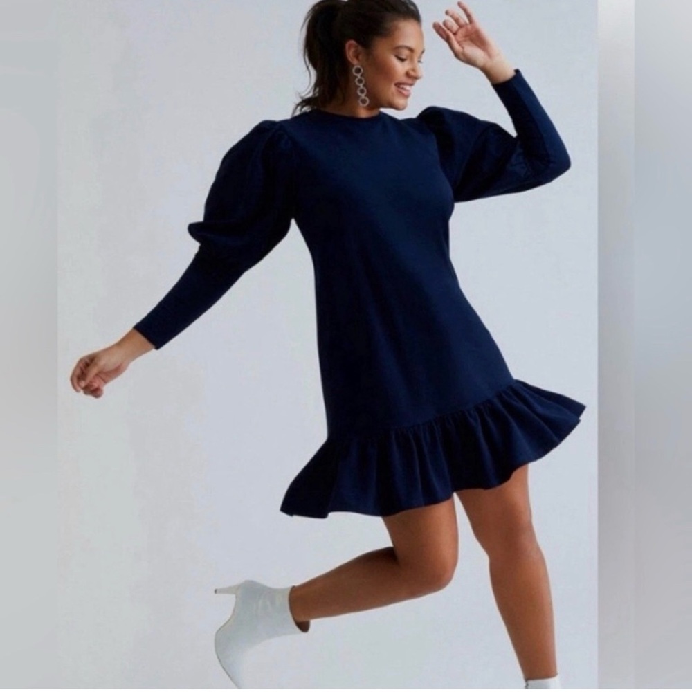 Eloquii Navy Puff-Sleeve Ruffle-Hem Mini Dress
